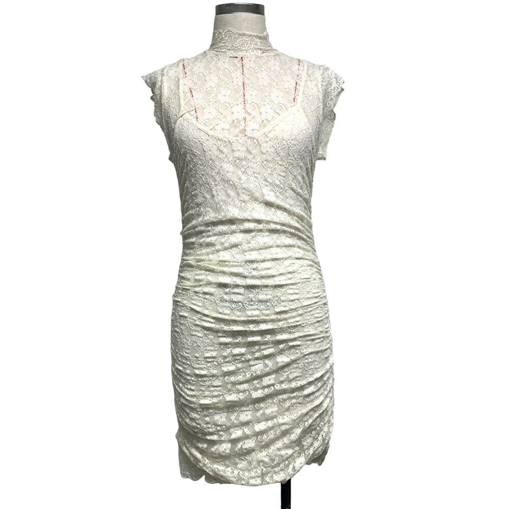 Clothing Company Womens Size L Ivory Lace Ruched High Neck Mini Dress